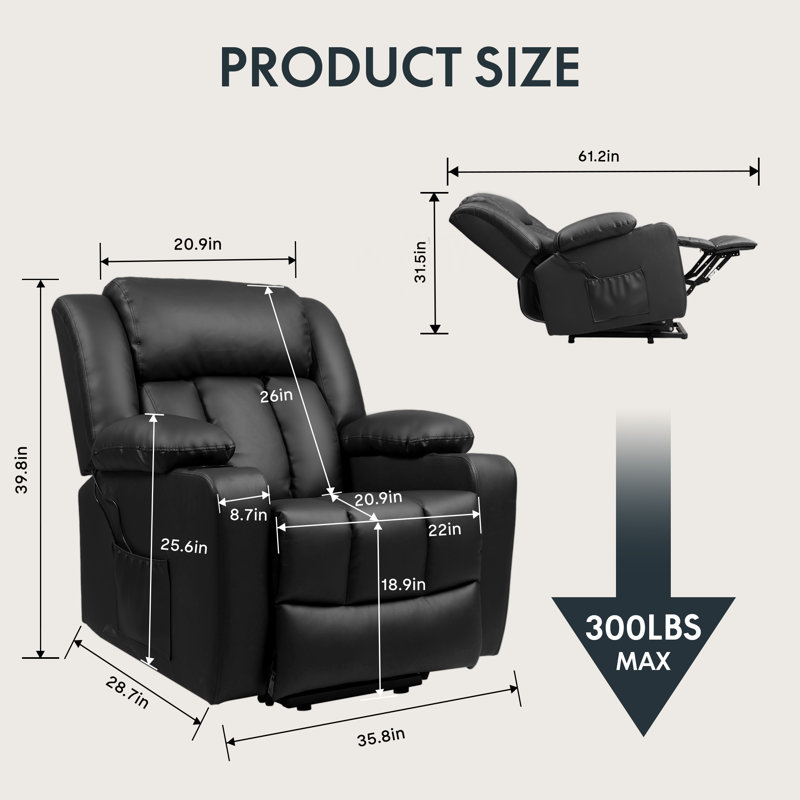 Fauteuil inclinable de massage Power Lift avec chauffage et charge USB, Noir, H 39,8 po x l 35,4 po x P 28,7 po