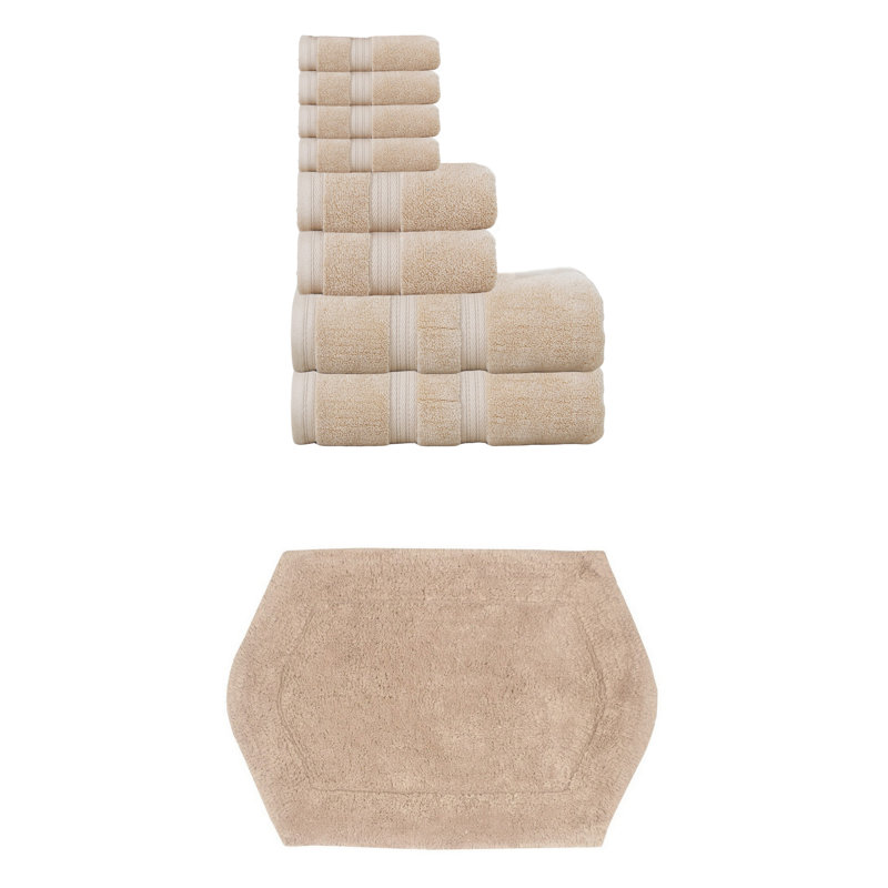 Bryd Collection 100% Soft Cotton 8 Pc Bath Towel Set & 1 Pc 17x24" Bath Rug, (Set of 9), Linen
