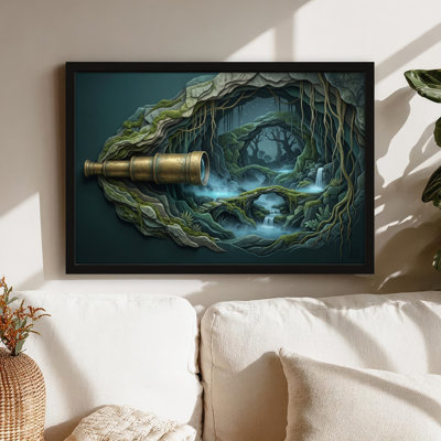 Toile noire encadrée en bois noir pour le salon, la chambre à coucher, le bureau ou le vestibule - décoration murale décorative avec forêt fantastique