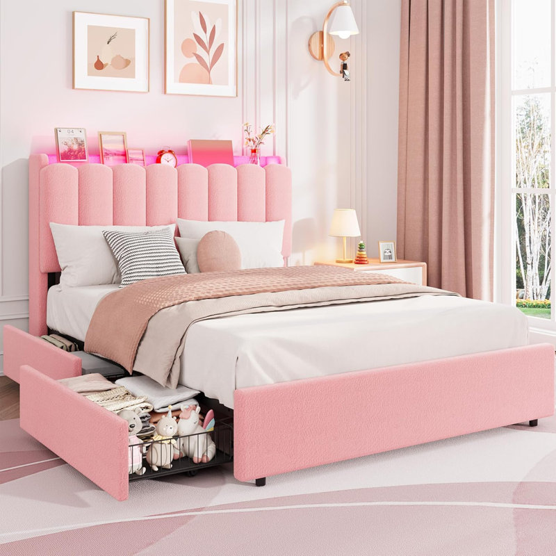 LED Upholstered Platform Bed with Storage Drawers & Wavy Headboard, No Box Spring Needed, Twin, Pink