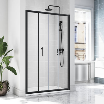 185*110*0.6cm, Safe and Easy-To-Clean Sliding Shower Enclosure with Side Panels, Black