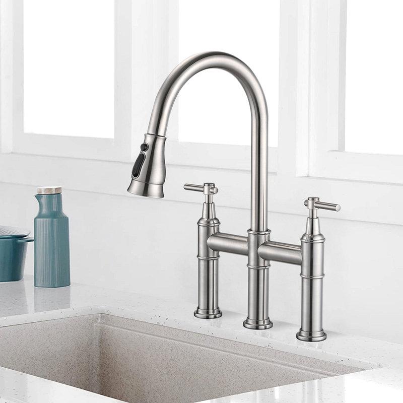 Double Handle Bridge Kitchen Faucet With Pull-Down Spray Head, Brushed Nickel