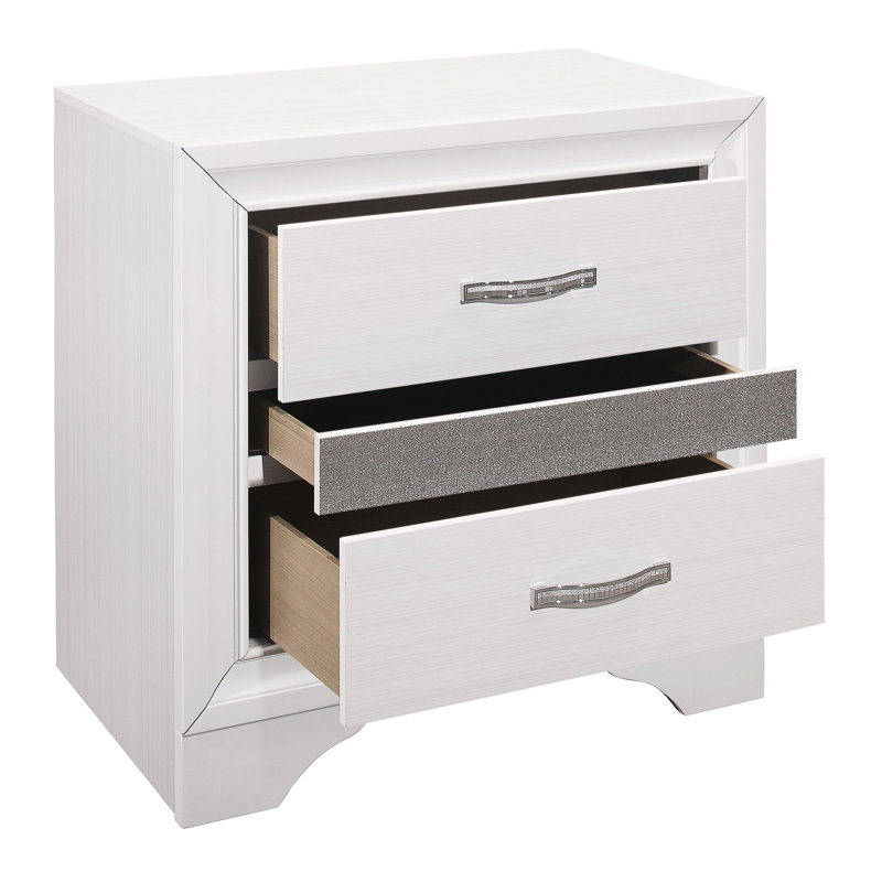 Table de chevet blanche avec tablette cachée - Finition pailletée argentée chic, paillettes, rangement, Blanc