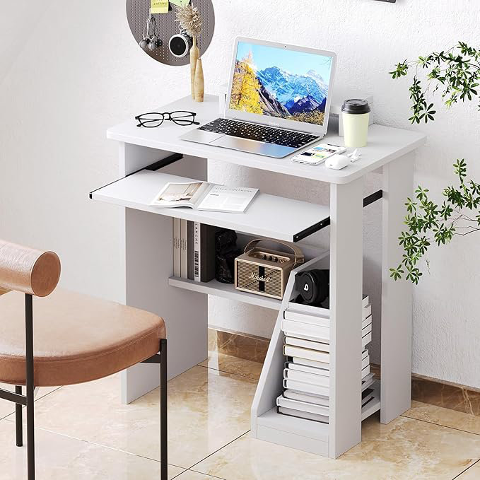 Table de bureau pour ordinateur portable avec tablettes de rangement Oveson 29,5 pouces, blanc, Brun