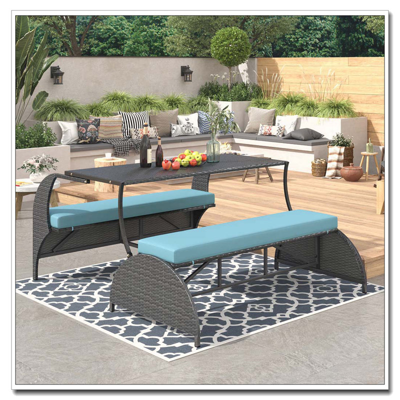Banc de pique-nique d'extérieur convertible 2 en 1 avec coussins, Bleu