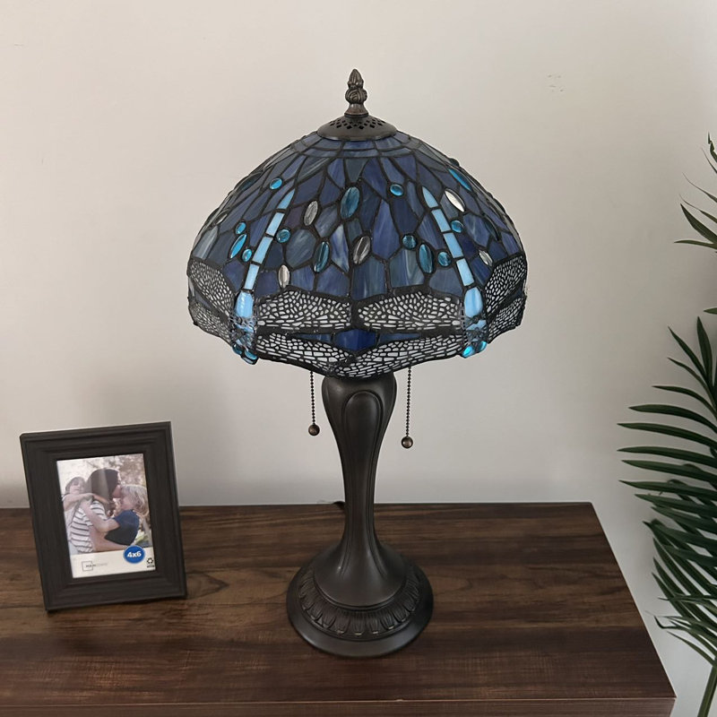 Gleb Tiffany Table Lamp Stained Glass Dragonfly LED Bulbs Included 12'W*12"D*22"H, Sea Blue