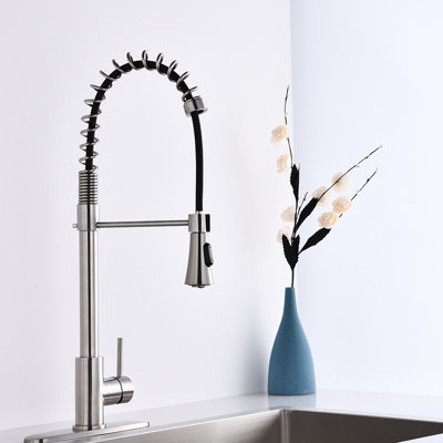 Modern Brushed Nickel Kitchen Faucet With Flexible Hose - Single Handle Spring High Arc, Pull Down , To Breakage Oxidation And Erosion