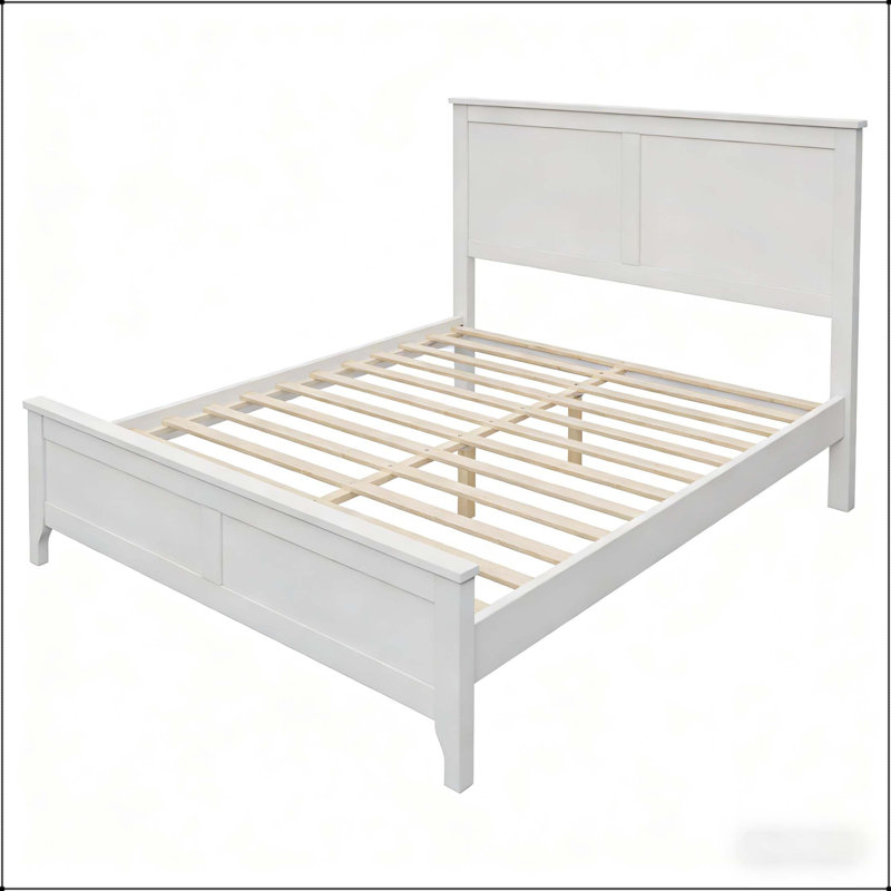 Lit plateforme moderne en bois massif avec support de lattes en bois robuste, aucun sommier requis, Double, Blanc