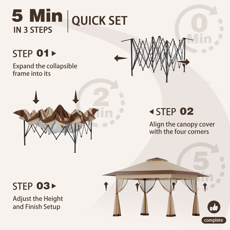 13 Ft. W X 13 Ft. D Metal Pop-up Gazebo With Mosquito Netting, Khaki