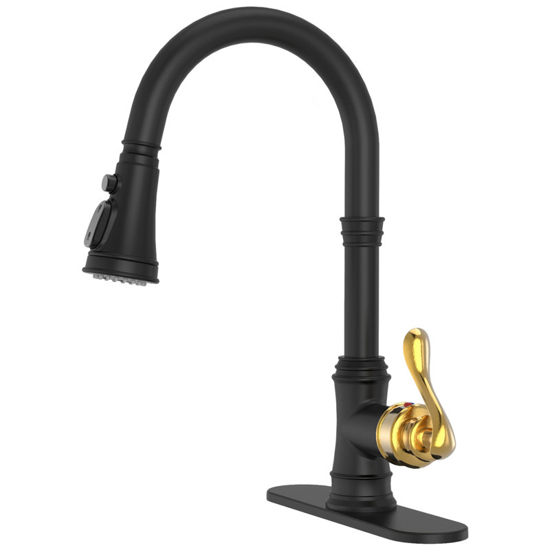 Swivel Pull-Down 3 Spray High Arc Single-Handle Kitchen Faucet With Deck Plate, Gold/Matte Black
