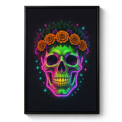 Day of the Dead Neon Sugar Skull, Framed Canvas Wall Art, Black Frame, 24 x 36 Inch