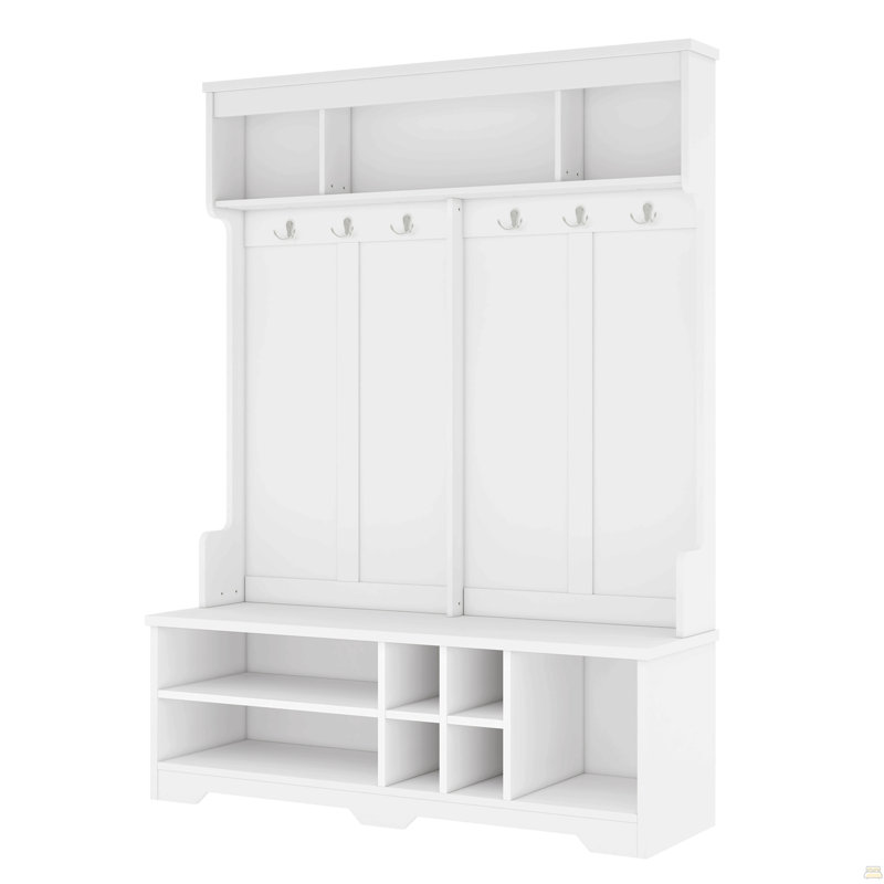 Modern Hallway Hall Tree with Metal Hooks and Storage Space, Multi-Functional Entryway Coat Rack with Shoe Cubbies, White