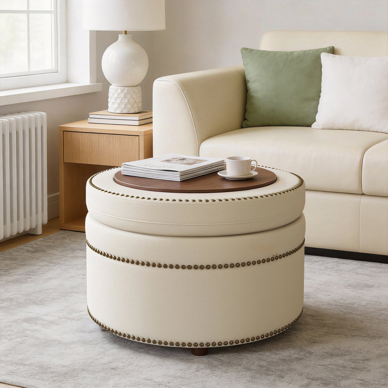 Mika 24" Round Flip-top Storage Ottoman - Dual-sided Seat & Table, Solid Wood Made, Space-Saving Footrest for Living Room & Bedroom