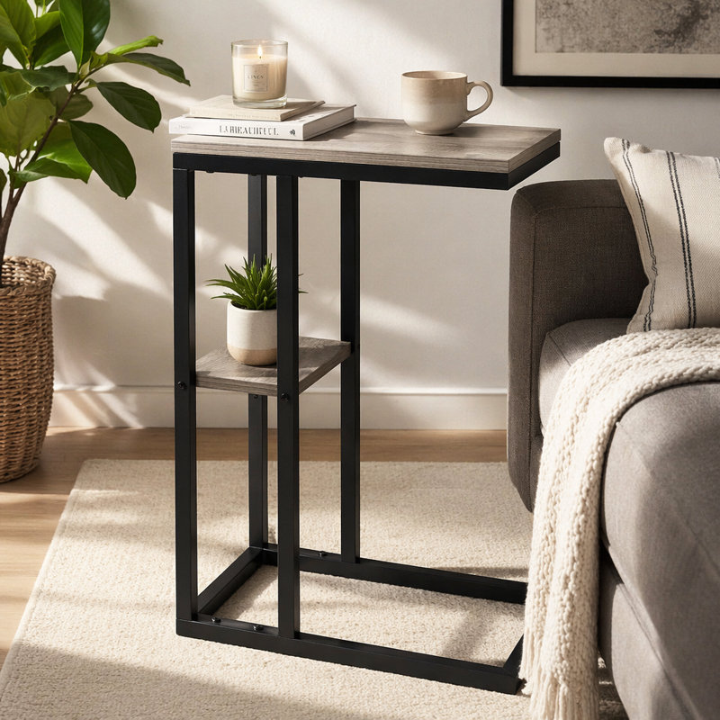 Table d'appoint, en forme de C, bout, côté, collation, salon, chambre à coucher, stratifié gris, métal noir, contemporain, moderne