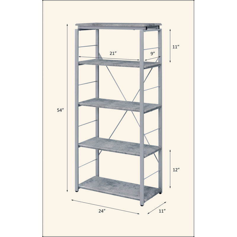 Bibliothèque industrielle de style étagère rectangulaire, 5 tablettes fixes en faux béton, 4 compartiments ouverts, structure en acier thermolaqué