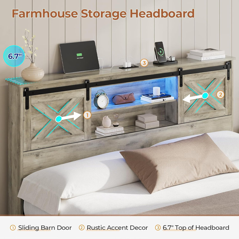 Farmhouse Bed Frame With Led Lights And 4 Storage Drawers, Wooden Platform Beds With Charging Station,rustic Bedroom Set With Storage Headboard And Sliding Barn Door