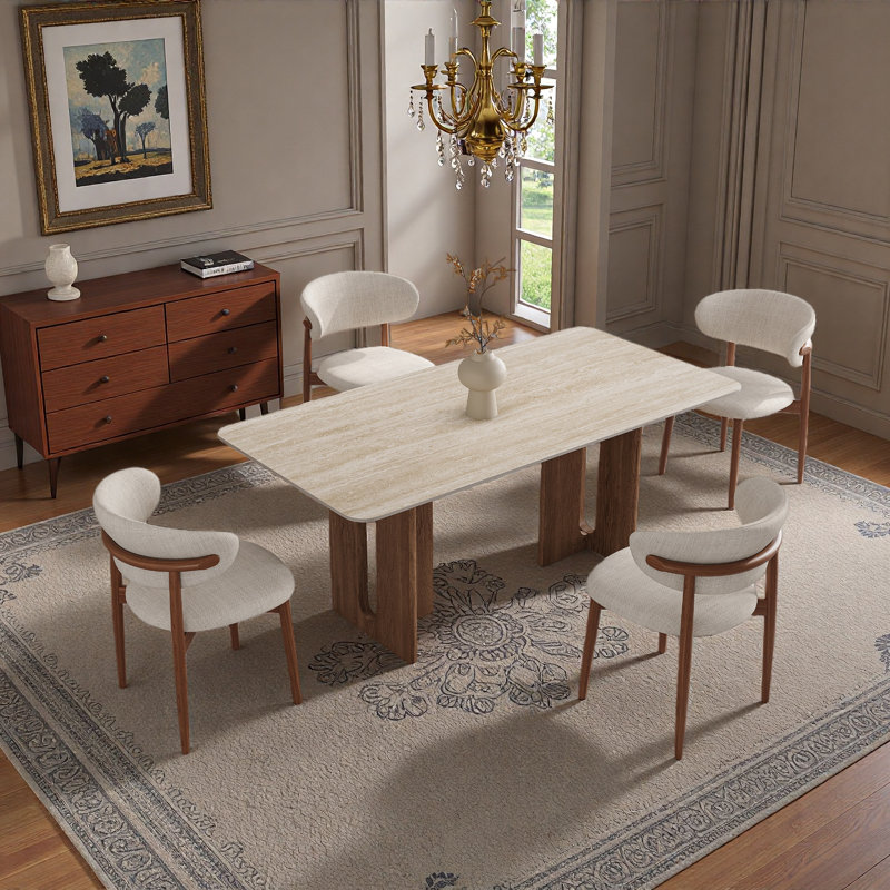 63-inch Modern Travertine-style Sintered Stone Dining Table, Glossy Stone Top With Walnut Wood-grain Base, Rectangular Dining Table For 4–6 People