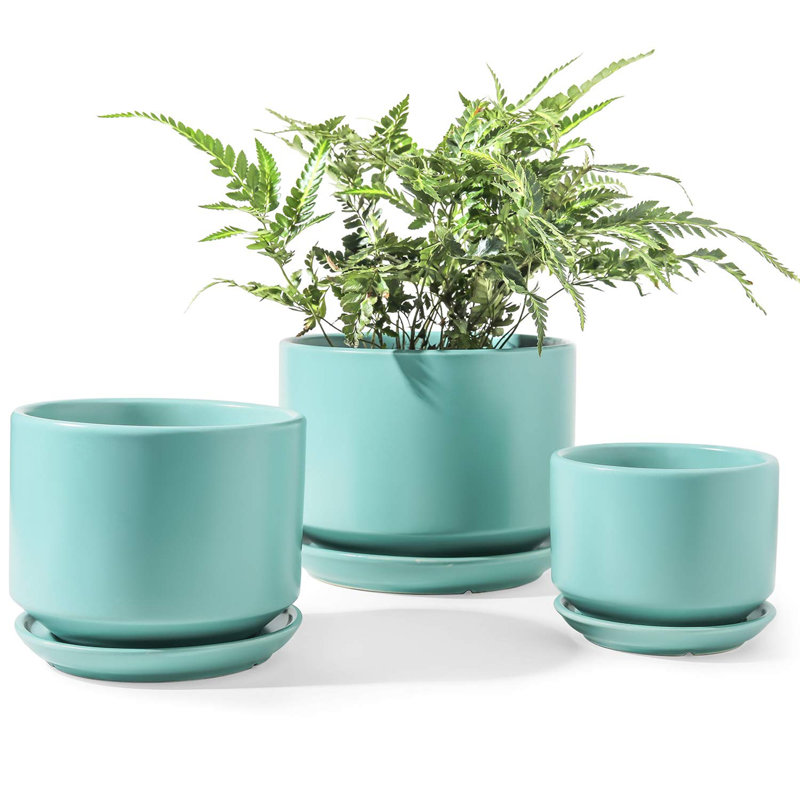 Ceramic Plant Pots with Drainage Hole and Sauce, Aqua