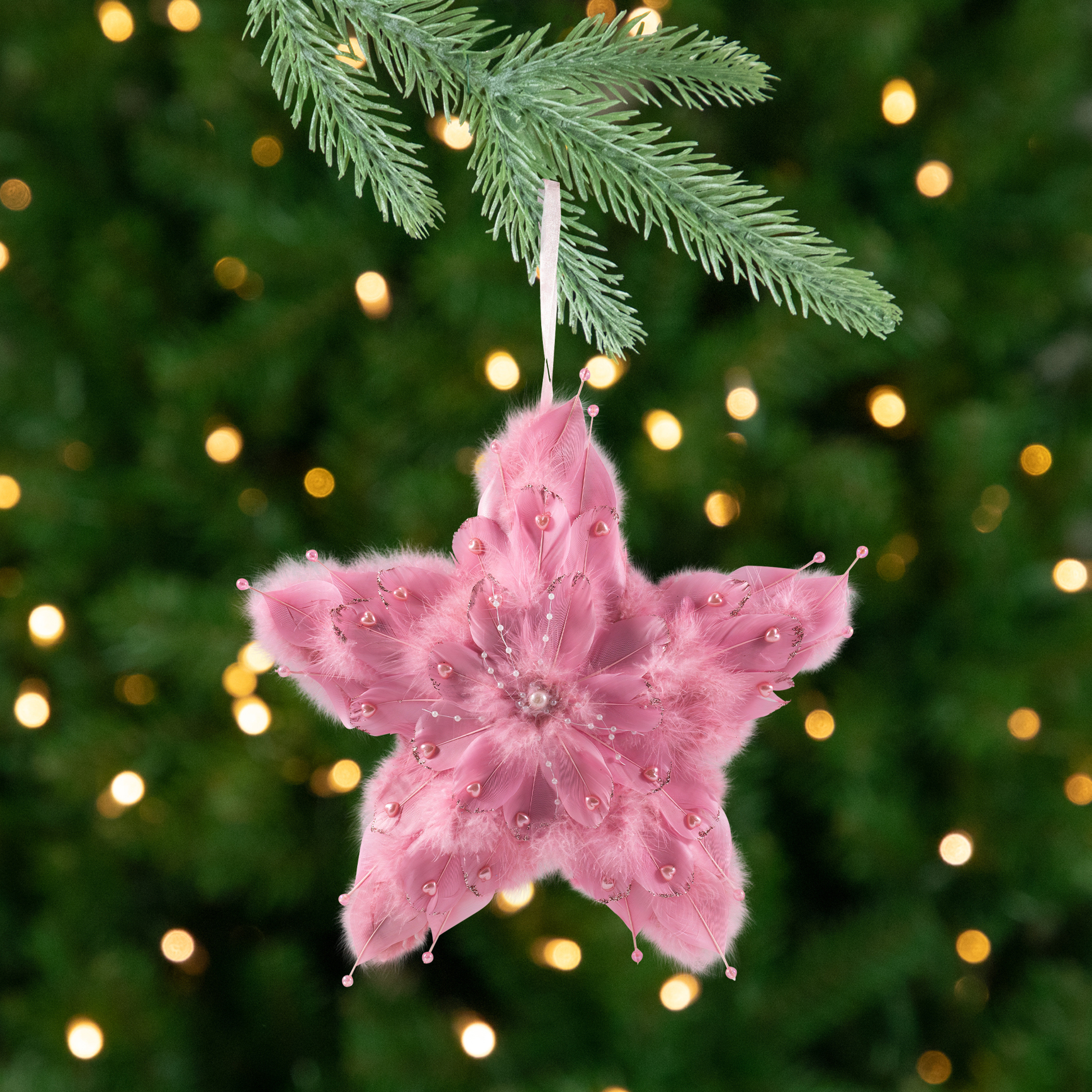 Northlight Seasonal Plush Feather Star Glittered Christmas Ornament With Hearts -12" - Pink | Wayfair