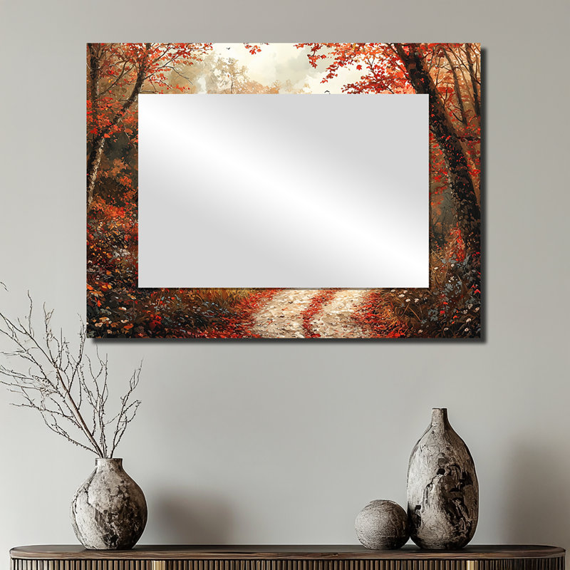 Cottage In The Autumn Woods II - Miroir mural décoratif campagne - imprimé sur métal, 24 po x 32 po