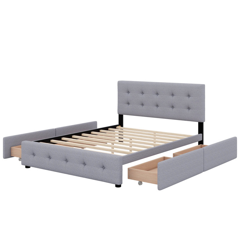 Grand lit plateforme tapissier avec tête de lit classique et 4 tiroirs, Gris clair