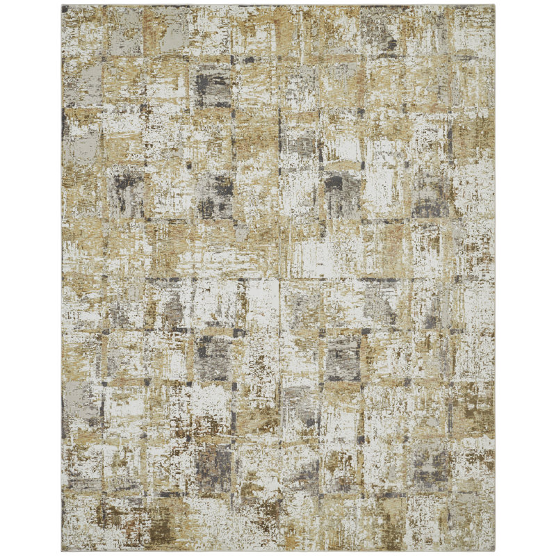 Wallburg Gold Charcoal Grid Abstract Area Rug, Rectangle 8'6" x 11'6"