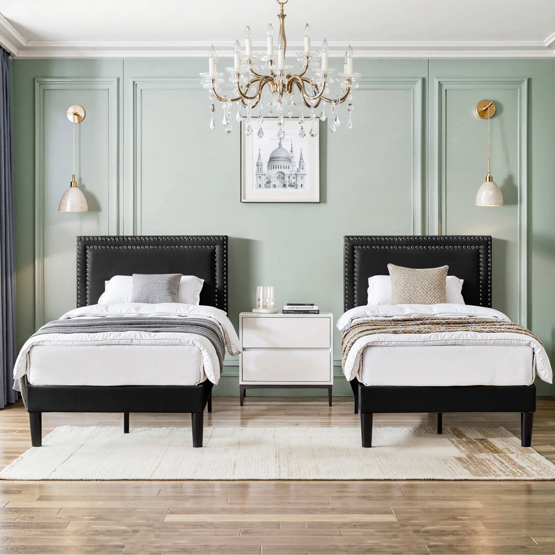 Set of 2 Twin Upholstered Platform Bed Frame with Tufted Adjustable Headboard,Noise-Free Twin Size Bed with Under-Bed Storage, Metal Frame & 12 Wood Slats (Set of 2) Gemma Violet