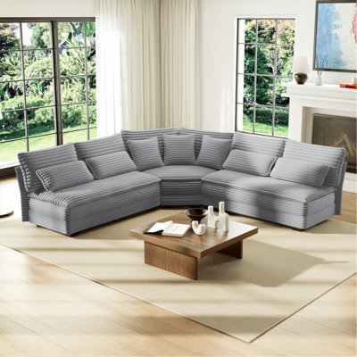 5-Seater L-Shaped Sectional Sofa With Curved Corner – Plush Corduroy Fabric, 7 Pillows (3 Throw + 4 Lumbar), Modern Living Room Furniture