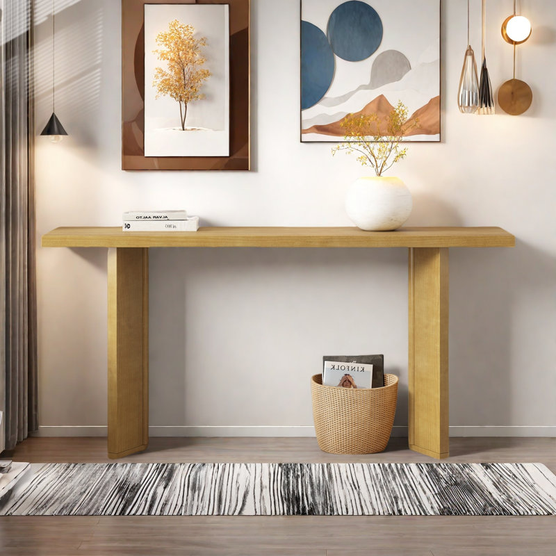 Console moderne avec structure de forme géométrique et grain de bois, Naturel