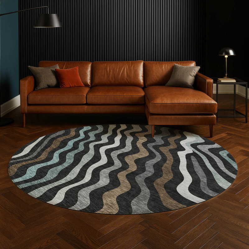 Machine Washable Indoor/Outdoor Chantille ACN2570 Abstract Rug, Round 8', Black