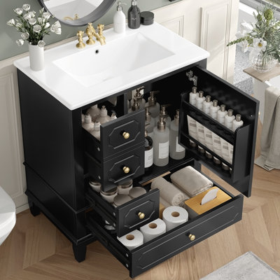 Meuble-lavabo autoportant avec lavabo, structure en bois massif, porte à fermeture en douceur, plusieurs tiroirs et tablettes de rangement pour un usage pratique au quotidien