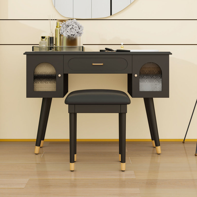 Vanity Makeup Desk with Storage Drawer, Cabinet, Stool and Charging Port, Black