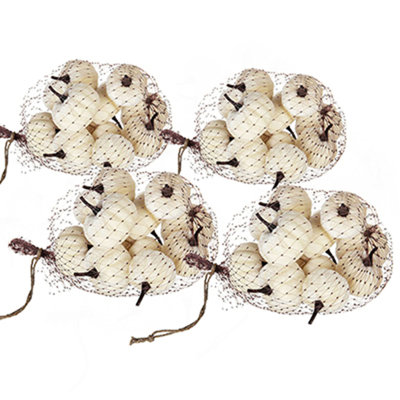 Set Of 4, 2" Velvety Pumpkin In Mesh Bag, Bag/12, White, For Holiday Harvest Festival Fall Festival & Thanksgiving