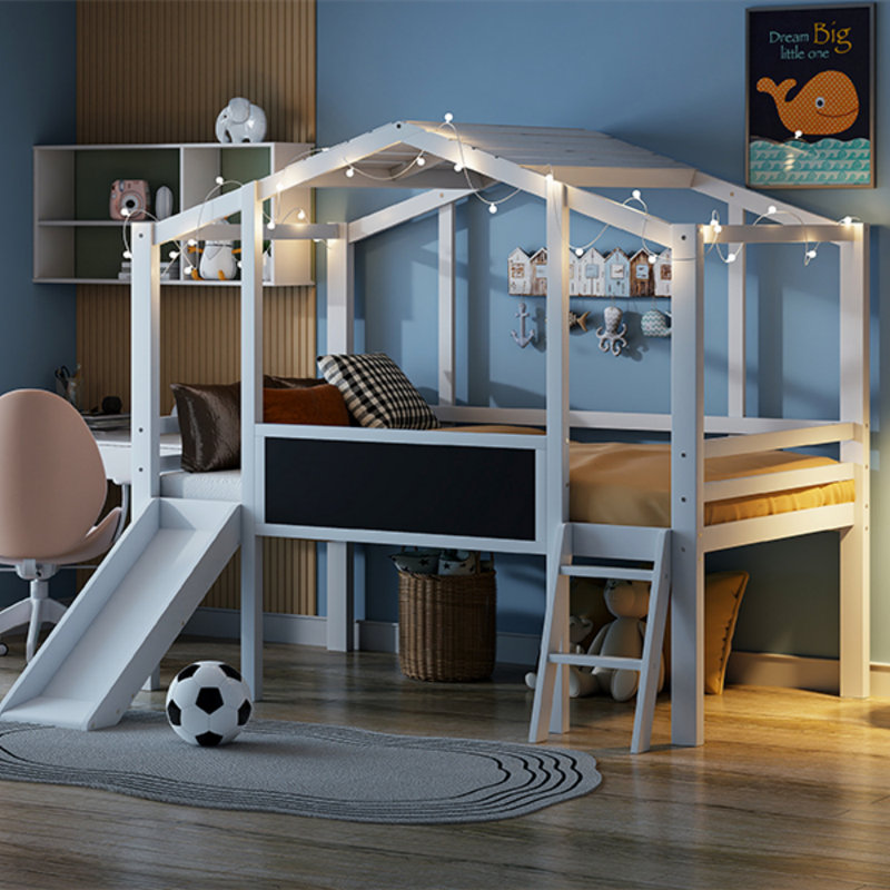 Lit mezzanine simple avec tableau noir et bande lumineuse sur le toit, Blanc