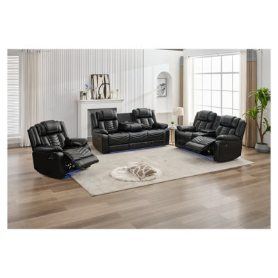 Ensemble de canapé inclinable électrique 3 pièces avec lumières DEL et son stéréo MS Power M073, cuir technique noir, configuration cinéma maison 6 places