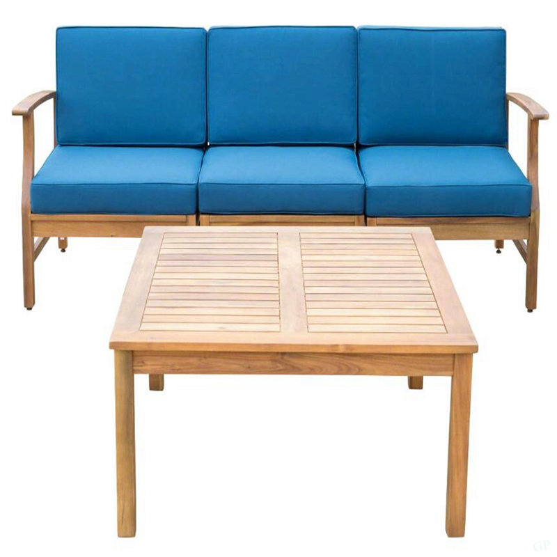 Ensemble de canapé 3 places et table Perla, Coussin bleu / cadre brun