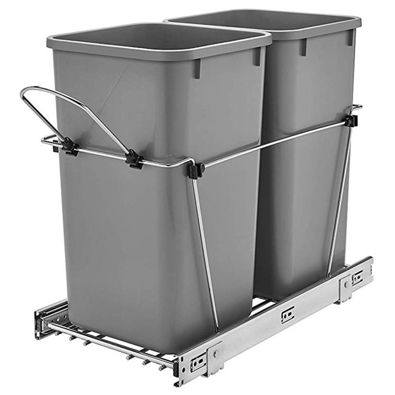 Metallic Silver Double Pull-Out Trash Can for Kitchen Cabinets