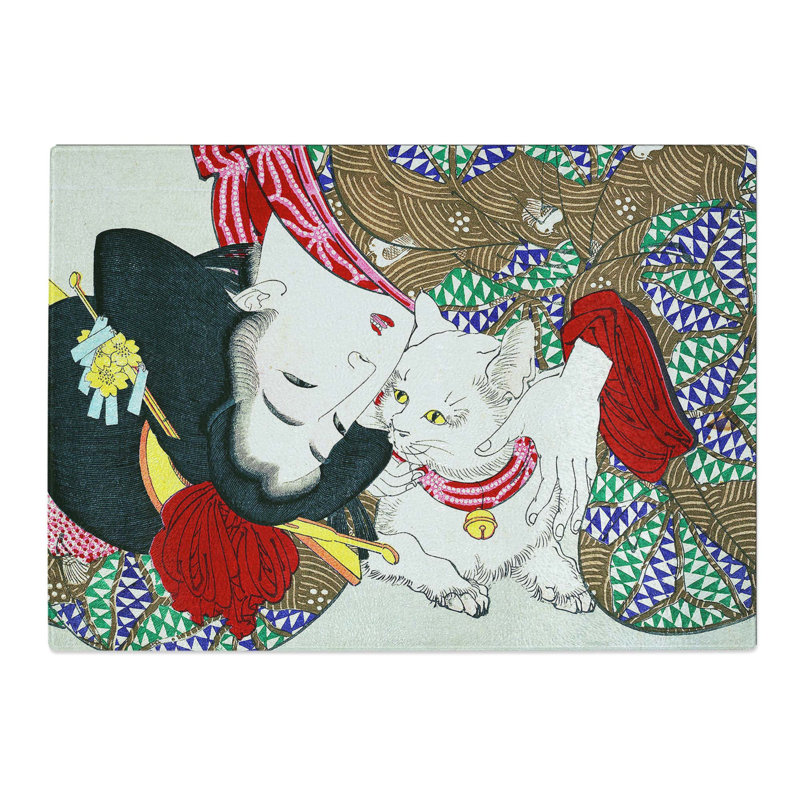 Tempered Glass Playing with the Cat by Tsukioka Yoshitoshi Chopping Board, 28.5 cm x 20 cm