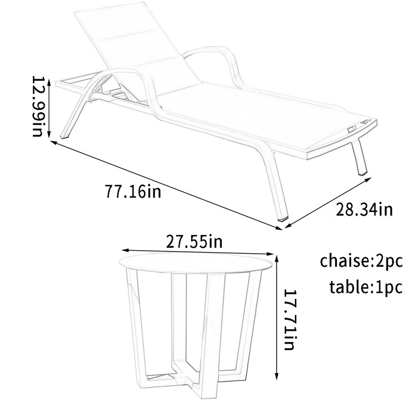 Chaise longue d'extérieur réglable en alliage d'aluminium avec table
