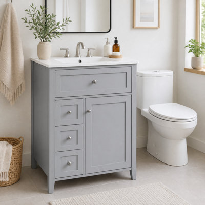 Meuble-lavabo de 24 po avec lavabo en céramique, pieds en bois d'hévéa, tiroir supérieur basculant + 3 tiroirs coulissants, charnières à fermeture en douceur, armoire avec tablettes réglables, gris