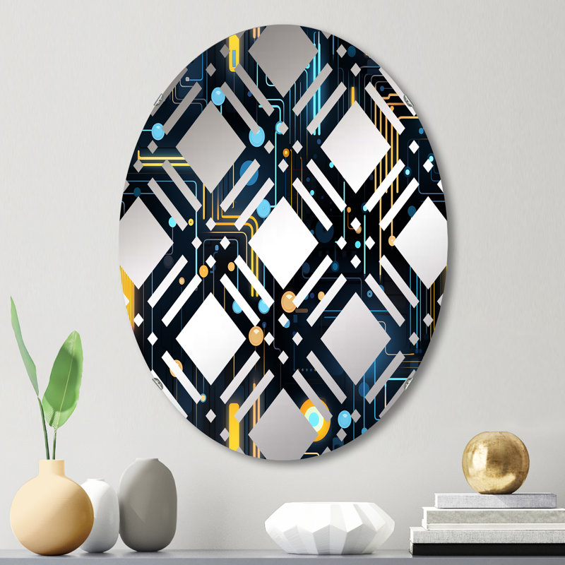 Motif rayé bleu futuriste à carreaux - Miroir décoratif ovale, L 20 po x H 30 po