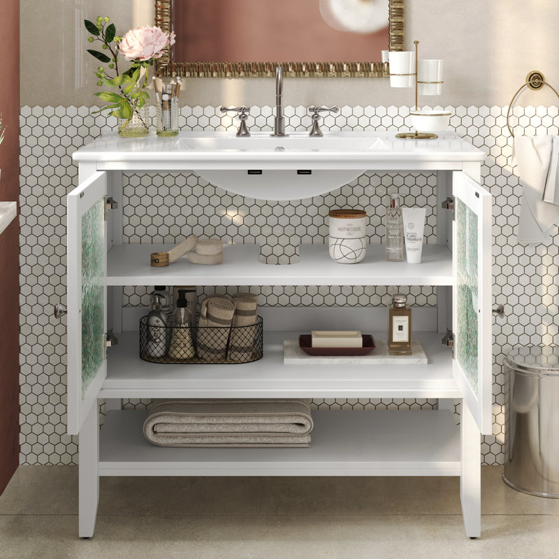 Meuble-lavabo de salle de bain avec lavabo, tablette réglable et tablette ouverte, Blanc