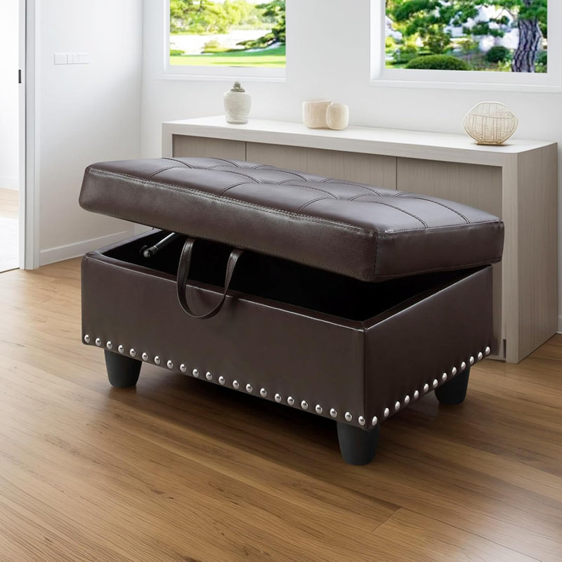 Tufted Storage Ottoman With Nailhead Trim, Brown