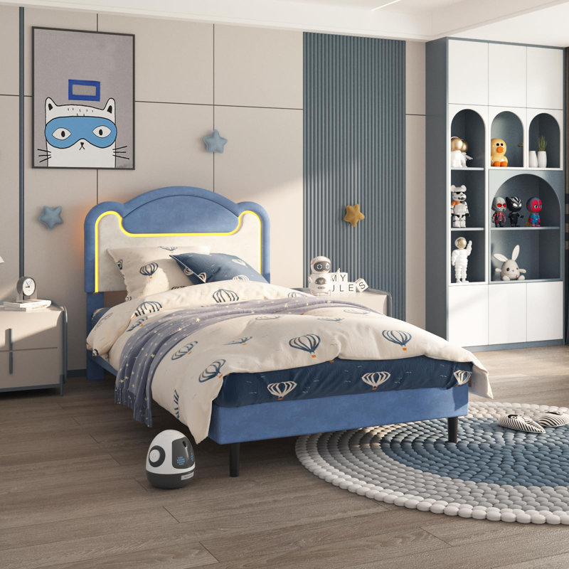 Upholstered Bed Frame with LED Lights & Fabric Headboard for Bedroom, Blue, Twin