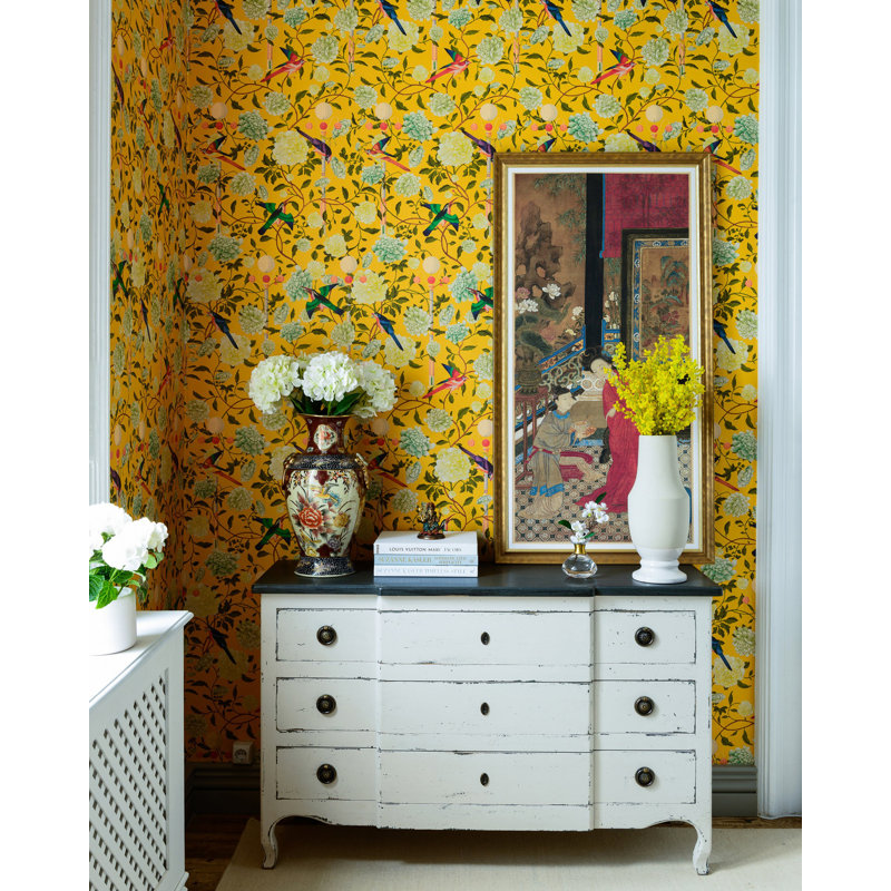 Chinese Garden Floral Wallpaper Roll, Mustard Yellow/Red/Green
