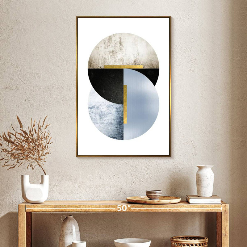 Blue Beige Black Geo, Floating Frame Gold, 25" x 37"