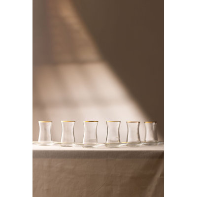 Elegant 12-Piece Tea Glass Set, Gold Colour | 100% Glass, 2.4 x 2.4 x 3.7 inches (6 Glasses, 150 ml each) & 4.7 x 4.7 x 0.7 inches (6 Saucers) | Perfect for Tea Lovers, Hand Wash Recommended for Longevity