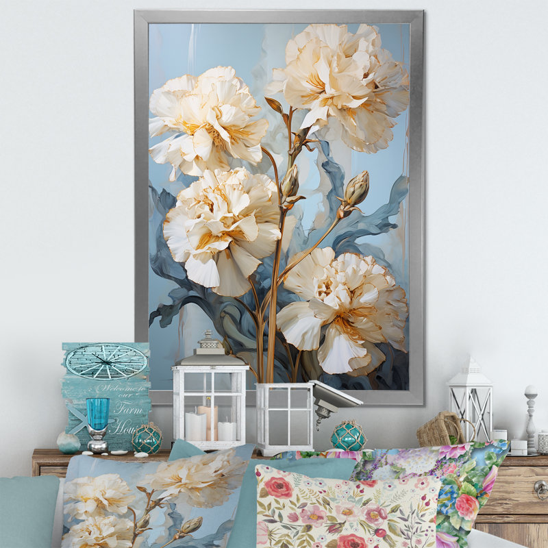 Œillets beiges sur bleu V sur toile, Cadre simple argenté, H 32 po x l 24 po x P 1 po