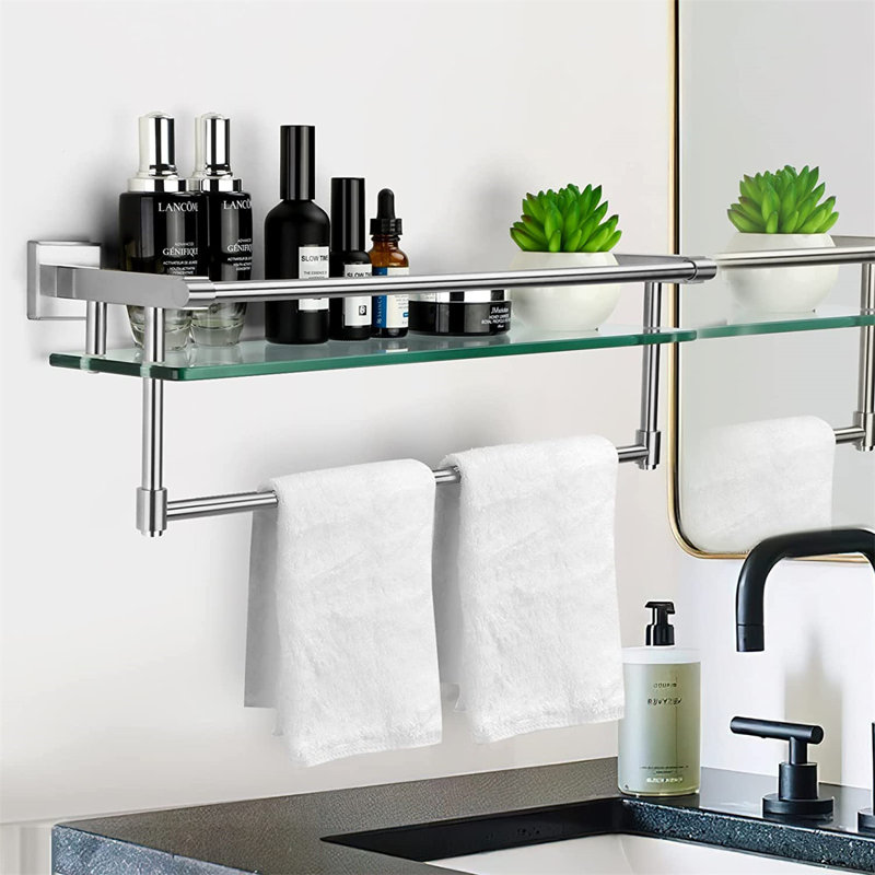 Glass Floating Shelf with Towel Bar, Silver
