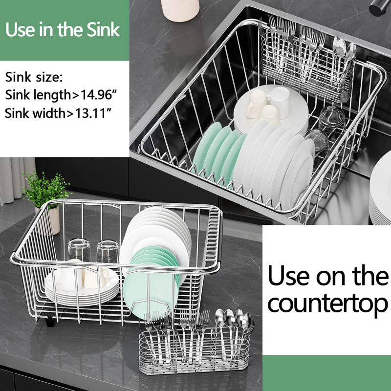 Premium 304 Stainless Steel Expandable Dish Drying Rack With Removable Utensil Holder - Rustproof Large Sink Organizer For Dishes, Pots, And Silverware